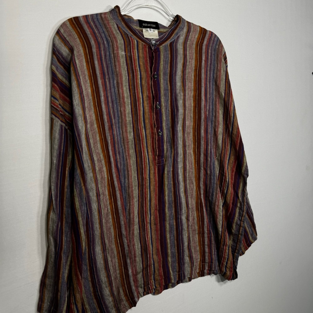 Eskandar Shirt 100% Linen Striped Top Womens Sz 0 Mandarin Collar Lagenlook - Picture 3 of 6